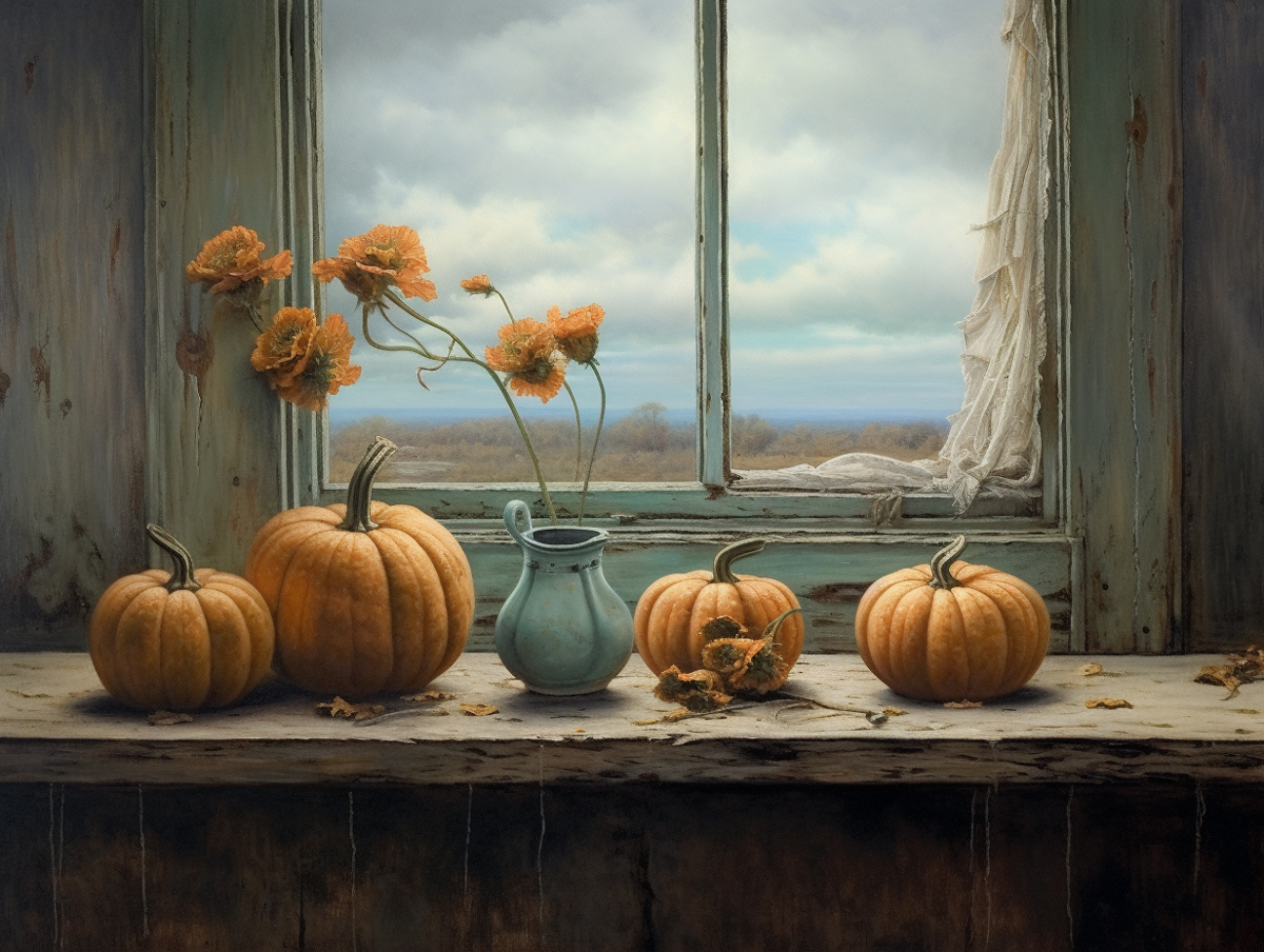still life with 3 pumpkins with window, flowers, old table, surreal