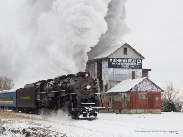 Pere Marquette 1225 Passes the Michigan Bean Company (Tall)