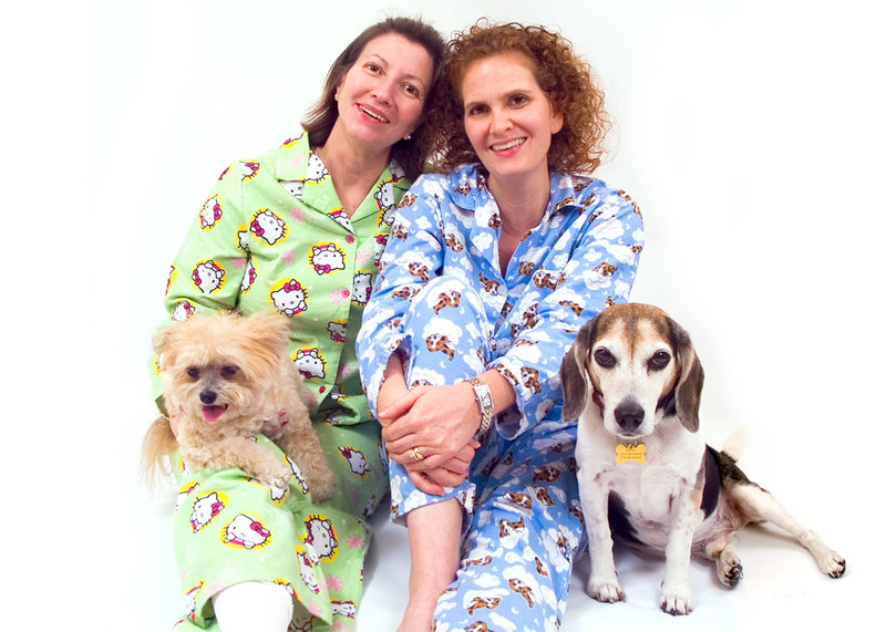 Rose & Teresa in pajamas with Lola & Rocky