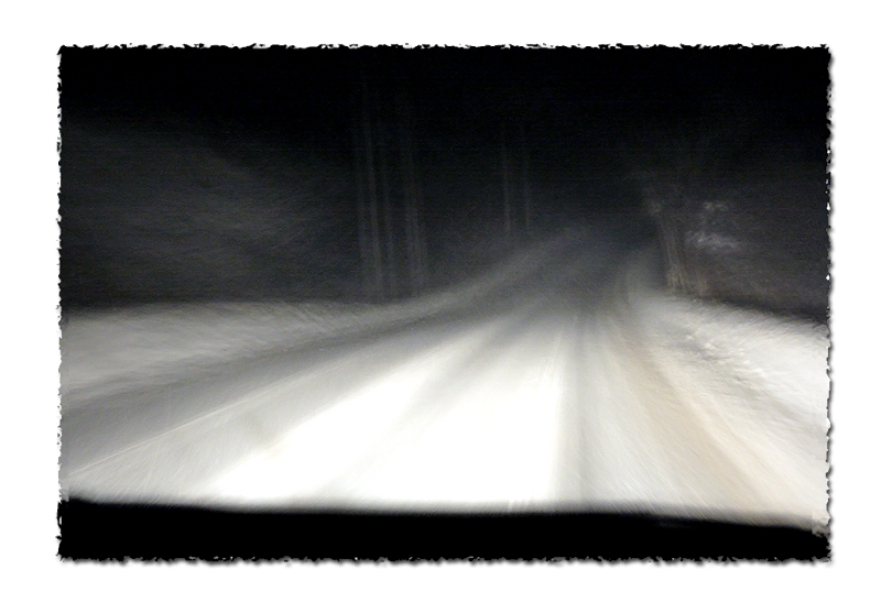 snowy night drive