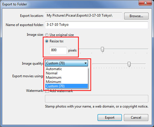 Picasa Export / file save dialog